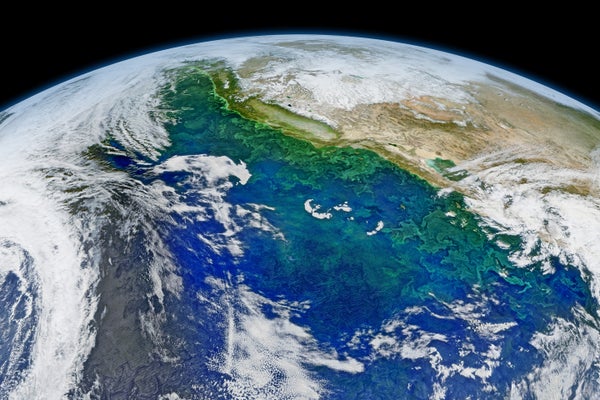 Satellite composite image of the coast of California and the Pacific Ocean with various shades of blues and greens where there are phytoplankton blooms. The curve of the Earth can be seen at the top of the image